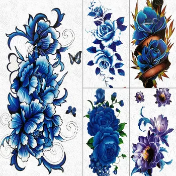 Pranešk apie netikrą Didelės Vandeniui Mėlyna Gėlė, Rožė, Bijūnas Laikinos Tatuiruotės Moterys, Merginos Lipdukas Kūno Menas Arm Tatuiruotės Popieriaus 3D Floros Tatoos