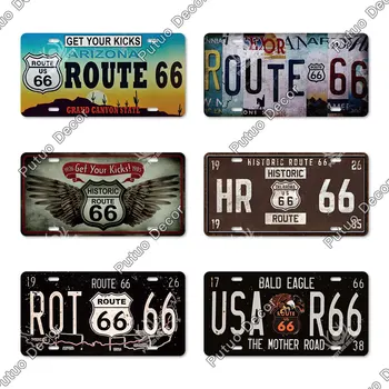 Putuo Dekoro Route 66 Licencijos Plokštės Automobilių Skaičius Alavo Pasirašyti Apnašas Metalo Dekoratyvinės Plokštės Automobilių Kambarį Namo Garažo Sienų Dekoras
