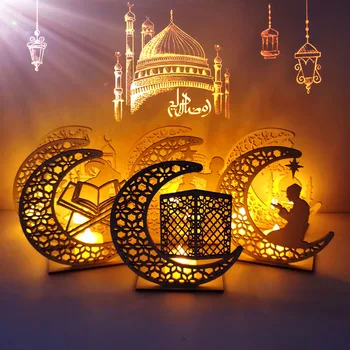 Ramadanas Eid Mubarakas Papuošalai Namų Mėnulis LED Žvakės Šviesos Medinė Lenta Kabo Pakabukas Islamo Musulmonų Įvykis Šalies Prekių