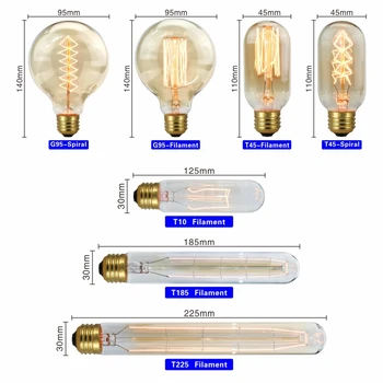 Retro Edison Spiralę, Lemputės, Lempos, E27 220V 40W A19 A60 ST64 T45 T185 G80 G95 Gijų Derliaus Ampulä-Stiklo Kaitinamosios Lemputės