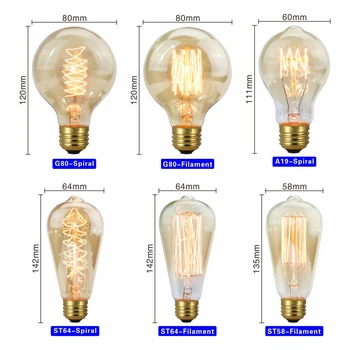 Retro Edison Spiralę, Lemputės, Lempos, E27 220V 40W A19 A60 ST64 T45 T185 G80 G95 Gijų Derliaus Ampulä-Stiklo Kaitinamosios Lemputės
