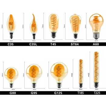 Retro Spiralinės Šviesos diodų (LED) Kaitinamosios Lemputės 220V ST64 G125 G95 G80 T45 C35 A60 Pritemdomi 4W 2200K Senovinius Žibintus, Dekoratyvinis Apšvietimas