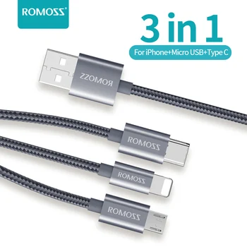 ROMOSS 3 IN 1, USB Kabelis, Mikro USB C Greito Įkrovimo Duomenų Vielos Tipo C Įkroviklio Laidą 