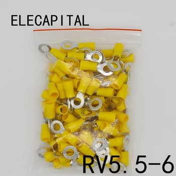 RV5.5-6 Geltonas Žiedas izoliuoti galinių kabelių Fiksavimo Terminalo kostiumas 4-6mm2 Kabelį, Laidą Jungtis 100VNT/Pak RV5-6 RV