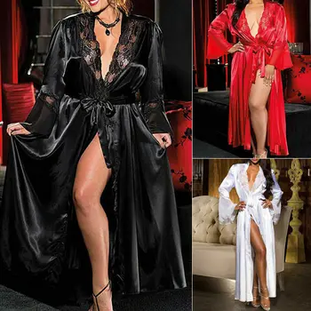 Sexy Moteris Panele, moteriškas apatinis Trikotažas, Satino, Šilko, Nėrinių Kratinys Suknelė Chalatai G-string Ilgai Nightdress apatinis Trikotažas Chalatas Kimono su Diržu