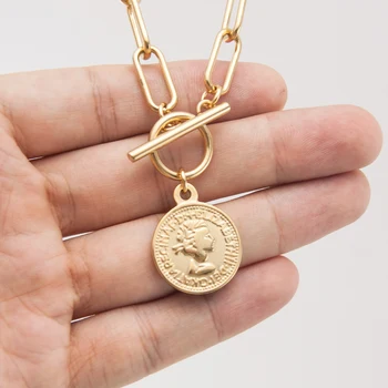 Sidabro Spalvos/Golden Nerūdijančio Plieno Monetos Neckloace Moterų Metalo Medalis Perjungti Karoliai Collares De Moda Boho Papuošalai Collier