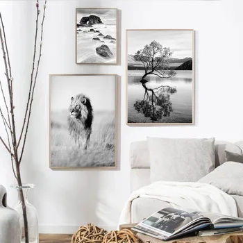 Skandinavijos Gamtos Kraštovaizdžio Tapybos Drobės Juoda Balta Liūtas Medžio, Sienos Meno Plakatas Šiaurės Spausdinti Šiuolaikinės Vaizdą Namų Puošybai