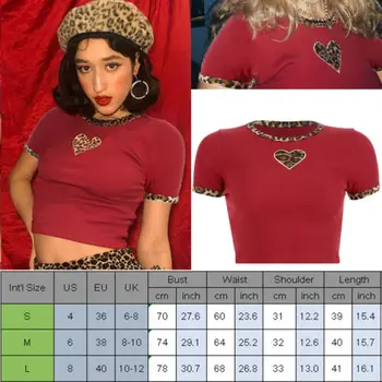 Sumemr T-shirts 2019 Naujas Vasaros Moterų Raudona Trumpas Rankovės O-Kaklo Leopardas Spausdinti Širdies Liesas Trumpi marškinėliai