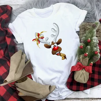 Tinka visiems sezonams, Nauja mielas šiaurės elnių marškinėlius moterims Kalėdos baltos spalvos marškinėlius Harajuku Trumpas Rankovėmis Tee Moterims Topai Camisetas Mujer