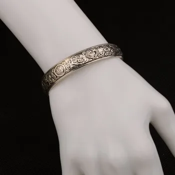 Tribal Ethnic Bangle Cuff For Women Tibetan Silver Color Vintage Wide Bracelet Carved Plant Animals Fashion Bohemian Jewelry