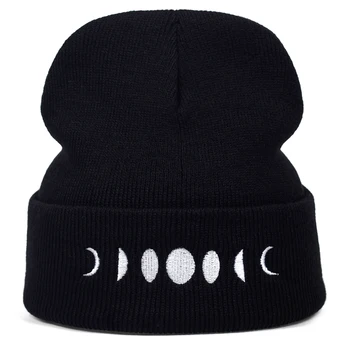 Unisex Mėnulis Siuvinėjimo megzti skrybėlę moterys Vyrai skrybėlę Mėnulis Žiemos Megzti Vilnos Kepurė Hip-Hop Skullies Beanie skrybėlių Skrybėlės Atsitiktinis Gorro bžūp