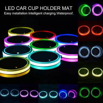 Universalus LED Automobilio Puodelio Laikiklį, RGB Šviesos Anti-Slip Pad Gerti Miestelyje Vidaus Apdaila, Auto USB Aplinkos Šviesos Atmosferą, Lemputės