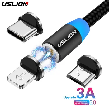 USLION 3A Greito Įkrovimo Magnetinio USB Kabelį, Tipas C Micro Kabelis, LED Nailono Tinklelio Tipo C Magnetas Įkroviklis Iphone XS 7 Samsung 1M
