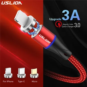 USLION 3A Magnetinio Tipo-C USB Kabelis Telefono Magnetas Kabelis Greitas Įkroviklis, USB Micro C Tipo Įkrovimo Laidas Greito Įkrovimo iPhone XS 7