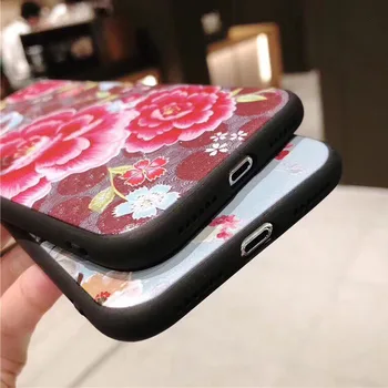 USLION 3D Įspausti Gėlių Telefono dėklas Skirtas iPhone 11 X XR Xs Max 8 Plius 11 Pro Max Camellia Rožių Lapų Apima, 