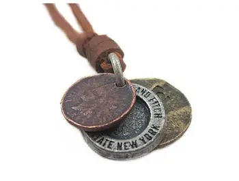 Vakarai steampunk retro lydinio monetų pakabukas vyrų karoliai ilgai natūralios odos virvę karoliai vyrams papuošalai 25