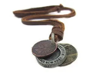 Vakarai steampunk retro lydinio monetų pakabukas vyrų karoliai ilgai natūralios odos virvę karoliai vyrams papuošalai 25