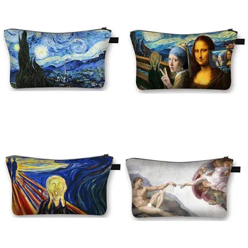 Van Gogh / Mikelandželas / Da Vinci Meno Kosmetikos Krepšys Moterų Mados Makiažas Maišelį Žvaigždėtą Naktį / David / Mona Lisa Lady Kosmetikos Atveju