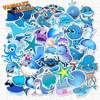VANMAXX 50 VNT Jūros Pasaulis Mėlyna Žuvų, Ryklių, Delfinų Medūzos Lipdukai Vandeniui Vinilo Decal Nešiojamas Šalmas Dviračių Bagažo
