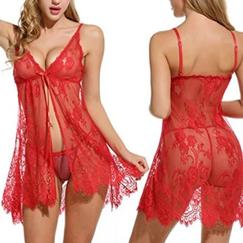 Vasaros Nėriniai Pižamą Moterų Sleepwear Pižamos moteriškas chalatas Babydoll Seksualus Chalatas Moterų Namų Drabužių Raudona S-XXL