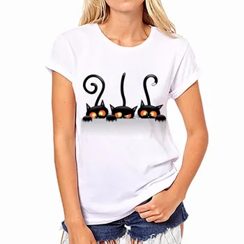Vasarą Naujos Mados Moterų Atsitiktinis O-Kaklo Marškinėliai Topai Camisas su Funny Cat Spausdinimo ir Trumpas Rankovės