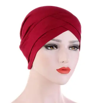 Vientisos spalvos medvilnės kaktos kryžiaus hijab kepurės moterims, Indija apvyniokite galvą skara Turbaną variklio dangčio ruožas Musulmonų hijabs apatinio dangtelio