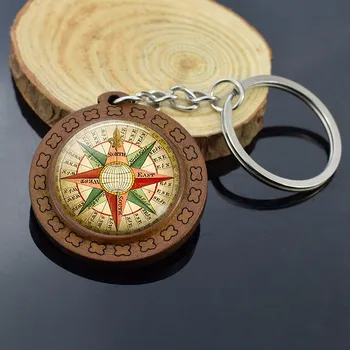 Vintage Papuošalai Jūrmylių Kompasas Mediniai Keychain Stiklo Cabochon Mariner Kompasas Foto paketų prižiūrėtojų raktinę Buriavimo Valtys Key Chain
