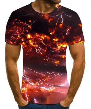 Vyriški 3D vasaros spausdinti marškiniai, žaibo kraštovaizdžio spausdinti vyrų juoda vasaros apvalios kaklo paplūdimys marškinėliai