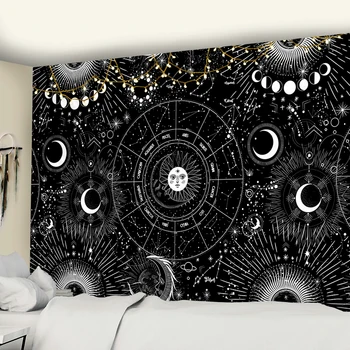 White Black Sun Moon Mandala Žvaigždėtas Dangus Gobelenas Sienos Kabo Bohemijos Čigonų Psichodelinio Tapiz Astrologija, Raganavimas Gobelenas