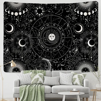 White Black Sun Moon Mandala Žvaigždėtas Dangus Gobelenas Sienos Kabo Bohemijos Čigonų Psichodelinio Tapiz Astrologija, Raganavimas Gobelenas
