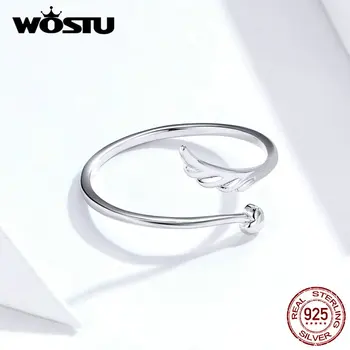 WOSTU 925 Sterling Silver Angel Wing Širdies Žiedas Reguliuojamas Piršto Atviro Žiedai Moterų Dalyvavimas Vestuvių Papuošalai Dovanos CQR567