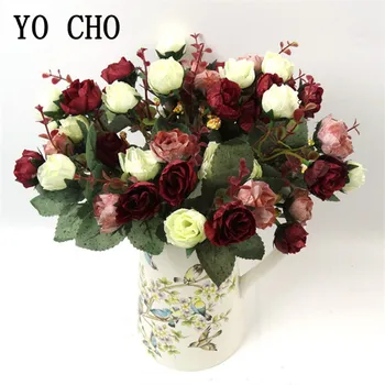 YO CHO 21HeadS Šilko Rožė Dirbtinių Gėlių vidaus Apdailos Diamond Šviečiantis Rožės Netikrą gėlių Vestuves Dekoro Dirbtiniais Flore
