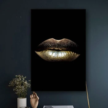 Šiaurės Sexy Juoda Moterų Gold Lūpų Drobės Paveikslai ant Drobės Makiažas Merginų Plakatų ir grafikos Sienos Menas Nuotraukas, Namų Dekoro