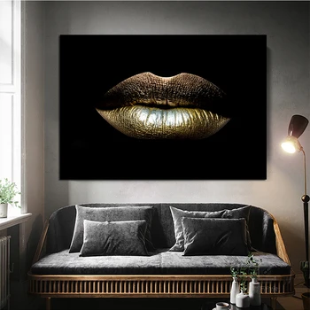 Šiaurės Sexy Juoda Moterų Gold Lūpų Drobės Paveikslai ant Drobės Makiažas Merginų Plakatų ir grafikos Sienos Menas Nuotraukas, Namų Dekoro