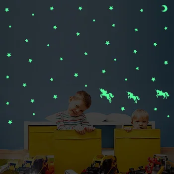 Šviesos Animacinių filmų Vienaragis Žvaigždės, Mėnulis Siena Lipdukas Vaikams, Vaikų Kambariai Dailės Freskos Namų Dekoro Švyti Tamsoje Vinilo Tapetai