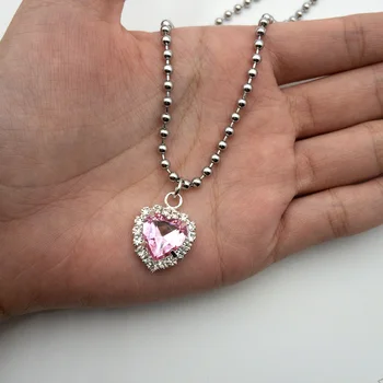 Šviečia Širdies Rožinė Kristalų Metalo Pakabukas Karoliai Moterų Mergina Derliaus Mielas Romantiškas Geometrinis Choker Karoliai Madinga Papuošalai
