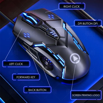 Žaidimų pelės Spalvinga silent pelės 6-mygtukas RGB optinės mechaninės pelės DPI optinis jutiklis, tinka nešiojamas žaidėjai