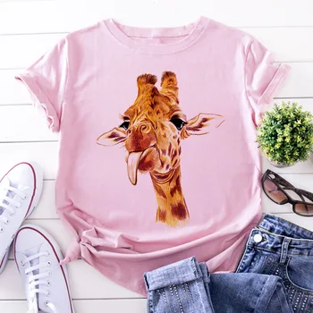 Žirafa Spausdinti Rožinė Moteris Tshirts Moterų Vasaros Harajuku Įdomus Mielas Gyvūnų Modelio Marškinėliai Moterims Topai Atsitiktinis trumpomis Rankovėmis T-shirt