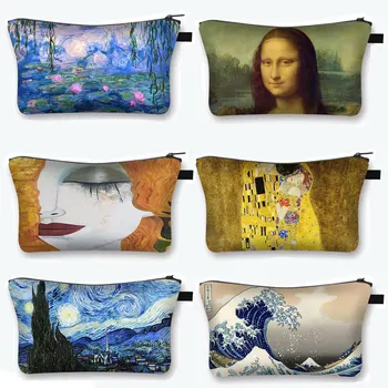 Žvaigždėtą Naktį / Kiss / Waterlily Tapybos Kosmetikos Krepšys Van Gogh / Gustav Klimt / Monet Moterų Makiažas Maišelį Ponios Kosmetikos Atveju